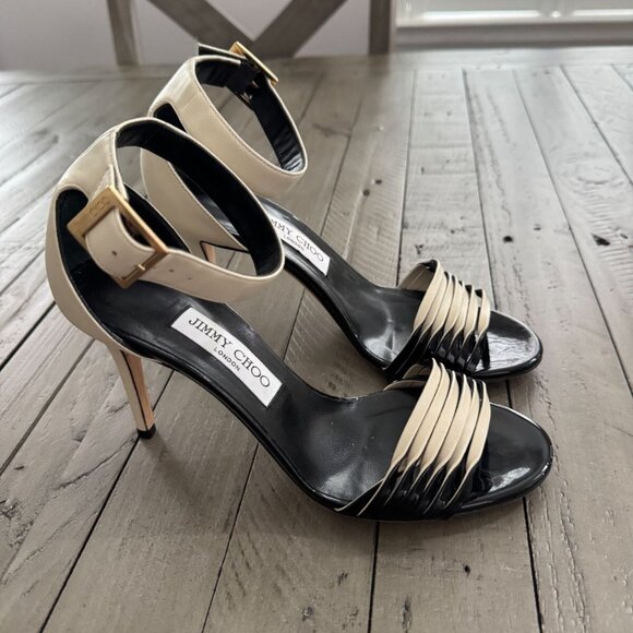 Jimmy Choo Livvi 85 Two-tone Leather Sandals Heels White Black - Picture 2 of 14